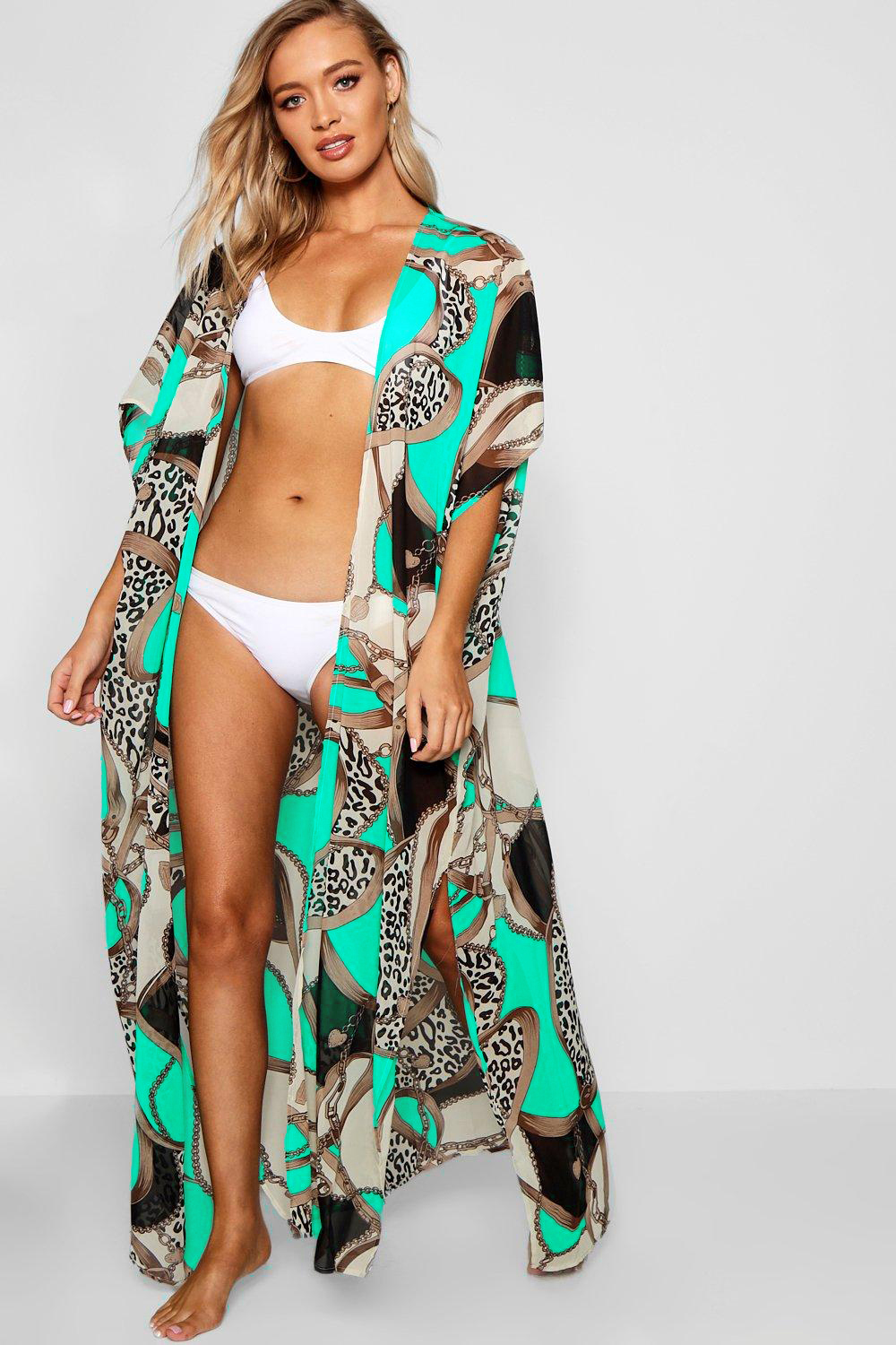 F4758 Boohoo с принтом цепи Макси Пляж Кимони Женщины Синий